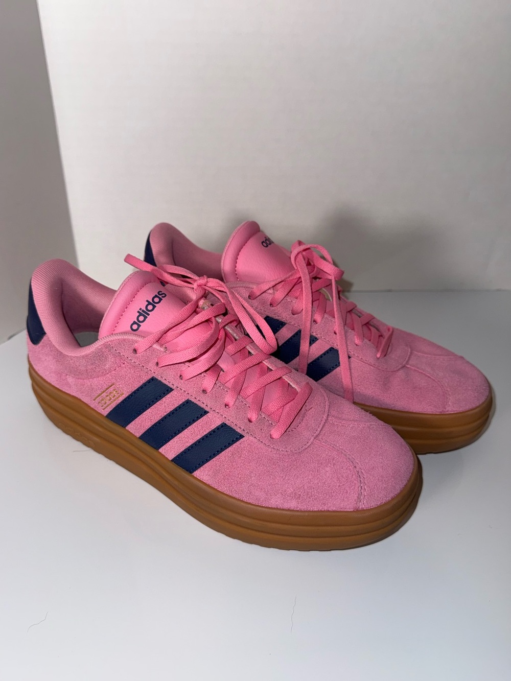 ADIDAS Pink Suede Platform Sneakers with Navy Stripes and Gum Sole 10